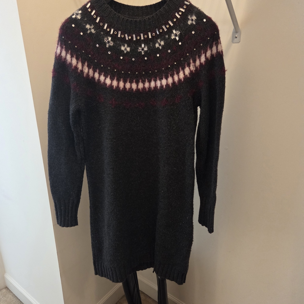 J. Crew Charcoal Sweater with Pink and White Pattern